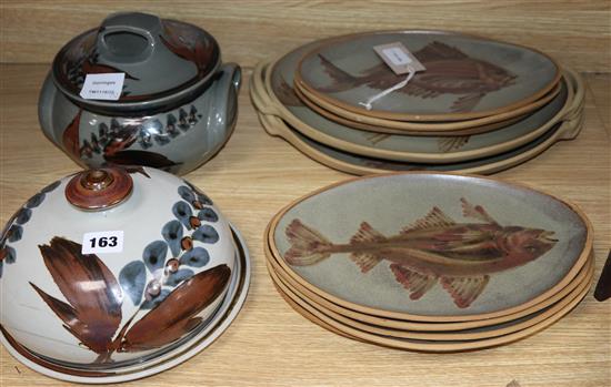 A ten-piece set of Jersey Pottery tableware and two Jersey Pottery dishes and covers